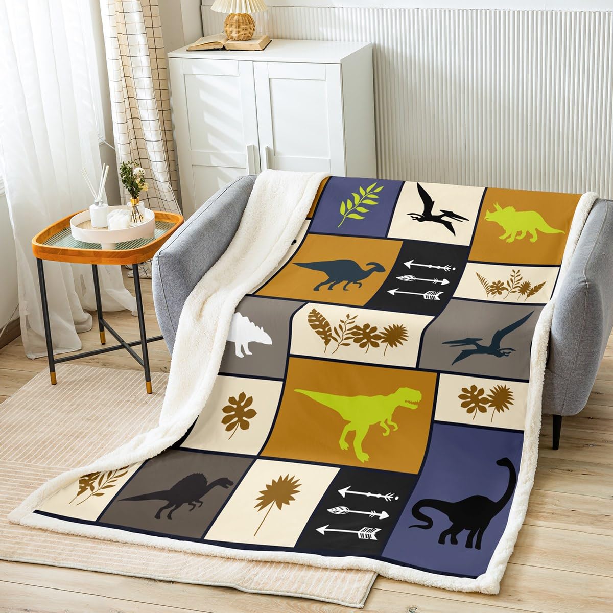 Manfei Dinosaur Throw Blanket Arrows Leaves Dino Patchwork Blanket for Couch Sofa, Cartoon Animals Bed Blanket for Kids Boys Room Dercor, Soft and Breathable Fleece Blanket(60 x 80 Inches)