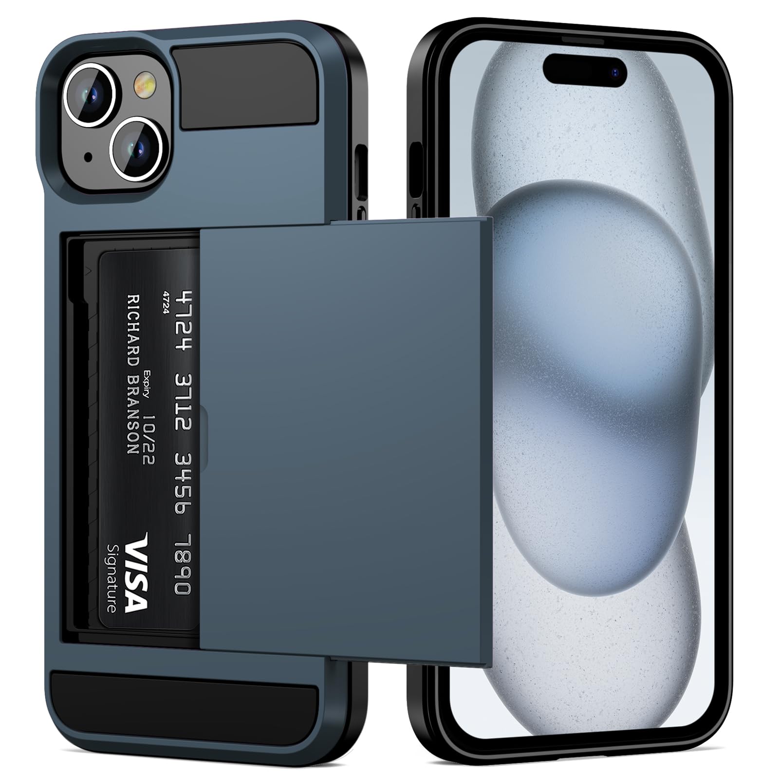 Vofolen for iPhone 15 Case with Card Holder, Dual Layer Shockproof Wallet Phone Case, Hidden Card Slot Sliding Protective Hard Shell Back Cover Slim Case for iPhone 15, 6.1 Inch Navy