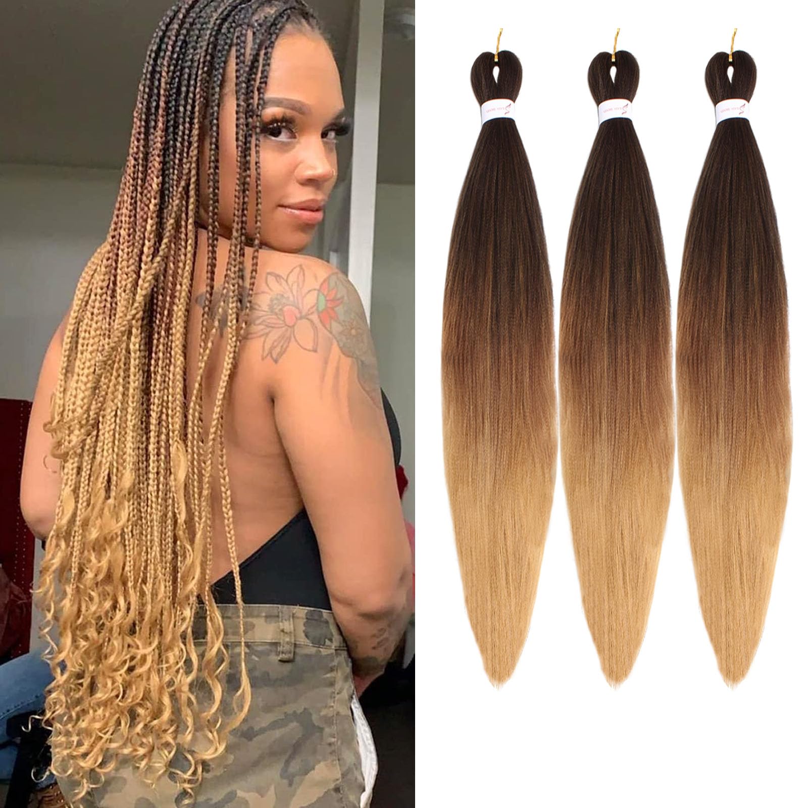 Samtress Braiding Hair Pre Stretched 26 Inch Pre Stretched Braiding Hair Extensions 3 Packs Soft Yaki Texture Crochet Braids Ombre Hot Water Setting Crochet Braids Hair Extensions (#1B/30/27)
