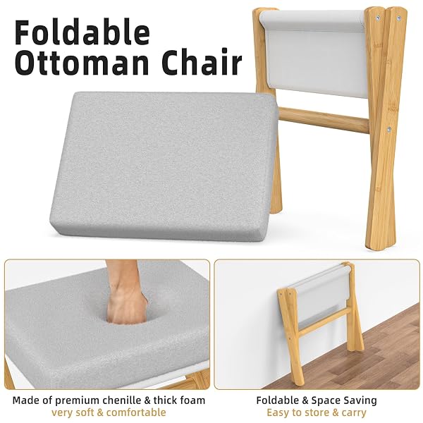 BAMBOOHOMIE FOLDABLE FOOT STOOL OTTOMAN, MODERN FOOT REST WITH BAMBOO X LEGS & THICK FOAM CUSHION, FOLDING FOOT STOOLS SMALL PADDED FOR BEDROOM LIVING ROOM, FOOTSTOOL FOR CHAIR COUCH (NATURAL – GREY)
