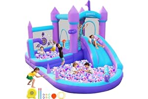 GYMMALL Bounce House for Kids 3-8, Purple Large Inflatable Bouncy Castle with Slide 480W Air Blower Jumping Space Ball Pit Swim Pool Basketball, Indoor Bouncy House for Party Birthday Event Gift