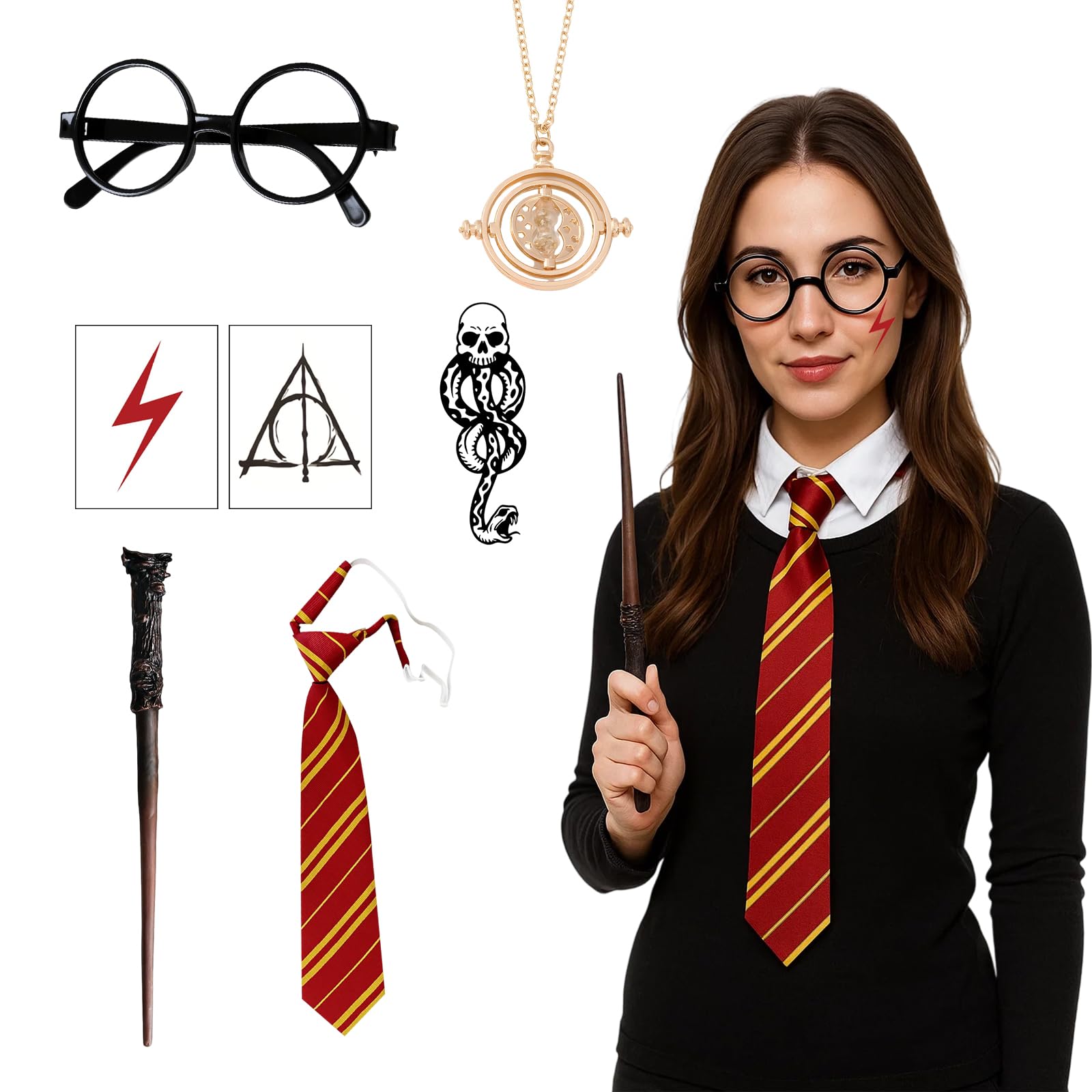 ZcrPrn Wizard Costume Set, 7-Piece Wizard Accessories with Magic Wand, Glasses, Tie, Necklace and Stickers, Magic Dress Up Accessories for Halloween Parties, Carnival Cosplay and Themed Events