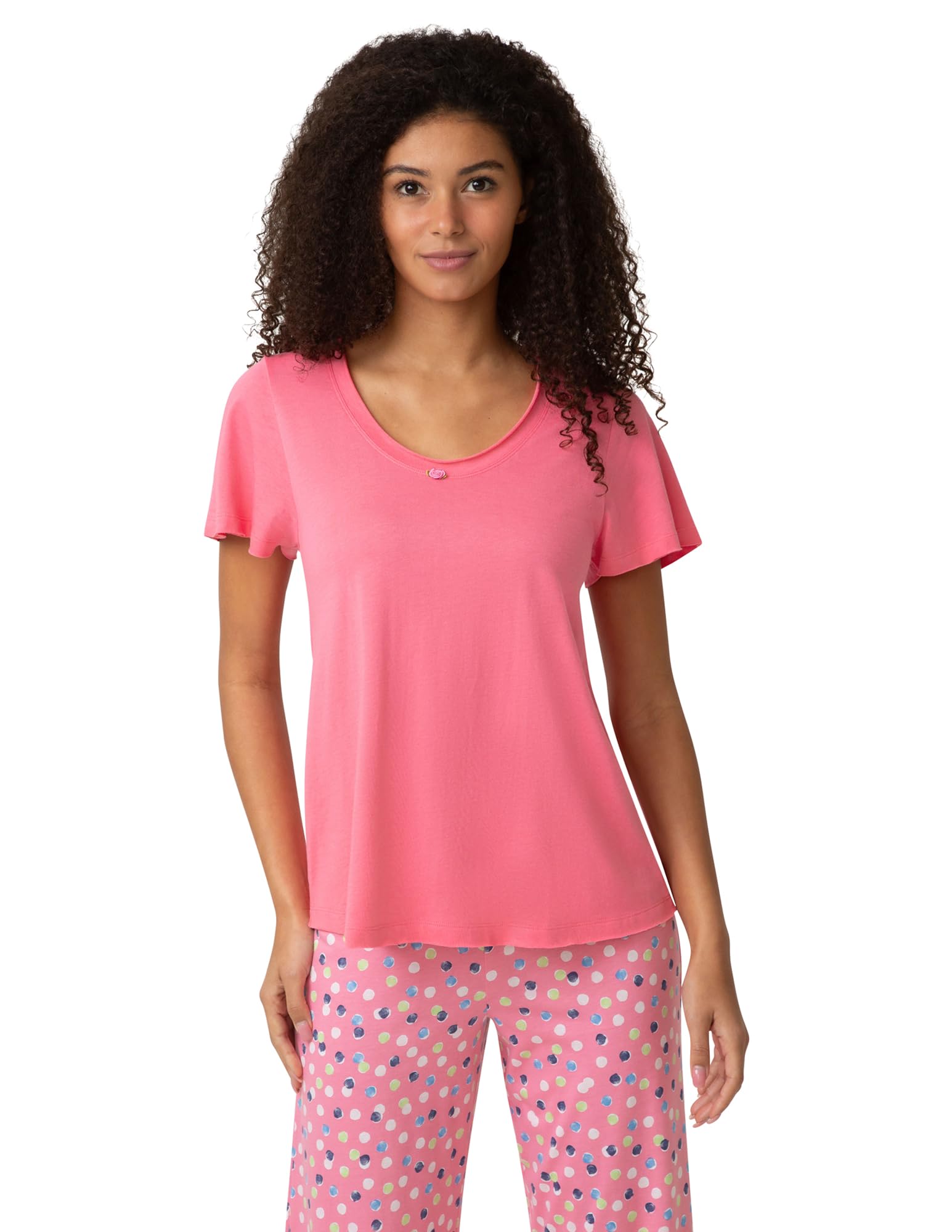 HUE Women’s Spring Pajama Separates Soft Whimsical Print Flowers, Animals, Garden Themed Pjs, Cocktails, Camellia Rose – Short Sleeve Scoop Neck Tee, Large