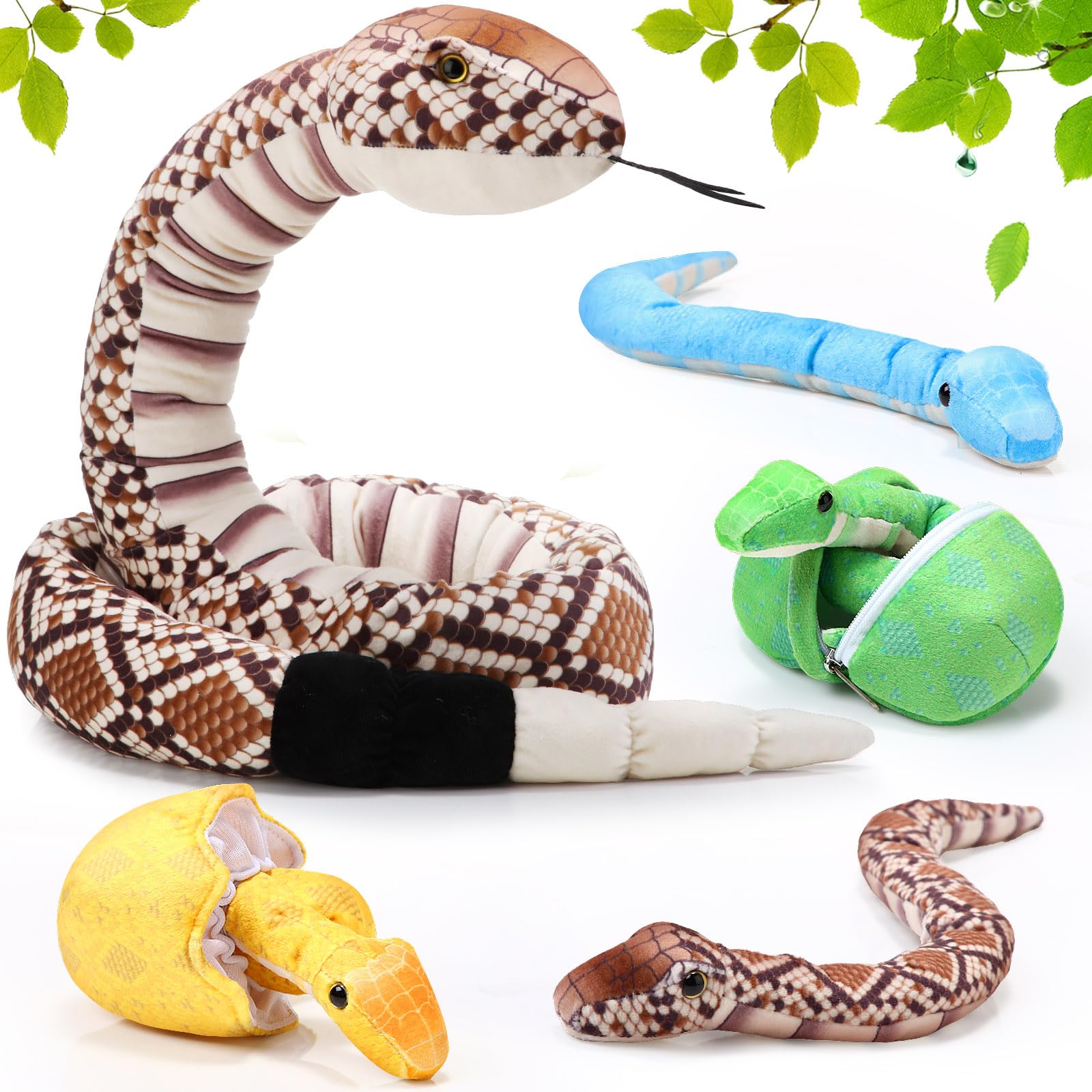 Photo 1 of RoundFunny 7 Pcs Rattlesnake Plush Toys 71 Inch Giant Mommy Snake Stuffed Animal with Cute Babies and Eggs in Zippered Belly Plushies Gift for New Year of The Snake Birthday Holiday Party Prank Toy