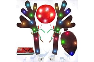 GlACBIUG Reindeer Antlers for Cars, LED 2025 Christmas Car Decorations Kit with Jingle Bells, Nose, Tail, Multicolor Light-Up Rudolph Xmas Decor for SUV, Van, Truck