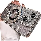Changjia Magnetic Kickstand Glitter Case for iPhone 15 Plus,[Compatible with Magsafe] Luxury Bling Sparkly Diamond Rhinestone with Camera Protector Soft TPU Women Girl Case for iPhone 15 Plus (Silver)