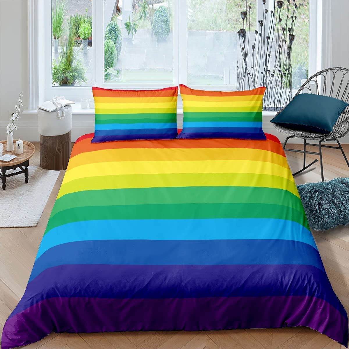 Loussiesd Rainbow Bedding Set for Girls Colorful Stripes Design Duvet Cover Red Orange Yellow Green Blue Purple Bedclothes Single Children Teens 1 Duvet Cover with 1 Pillowcase, Soft Microfiber