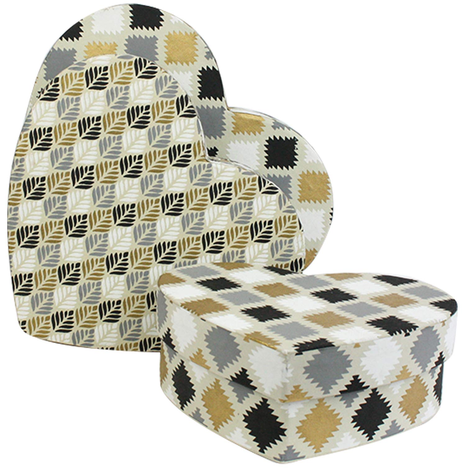 Emartbuy Rigid Heart Shaped Handmade Cotton Paper Gift Boxes – Set of 3 Nesting Sizes, Printed Black Gold White with Cream Interior, Luxury Keepsake Boxes for Valentine’s, Wedding & Celebration Gifts