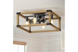 G-SAFAVA 16" Ceiling Fans with Lights and Remote, 6 Wind Speeds 3 Timing Quiet Flush Mount Low Profile Caged Ceiling Fans for Bedroom Living Room Kitchen Farmhouse Reversible Ceiling Fan, Wood Grain