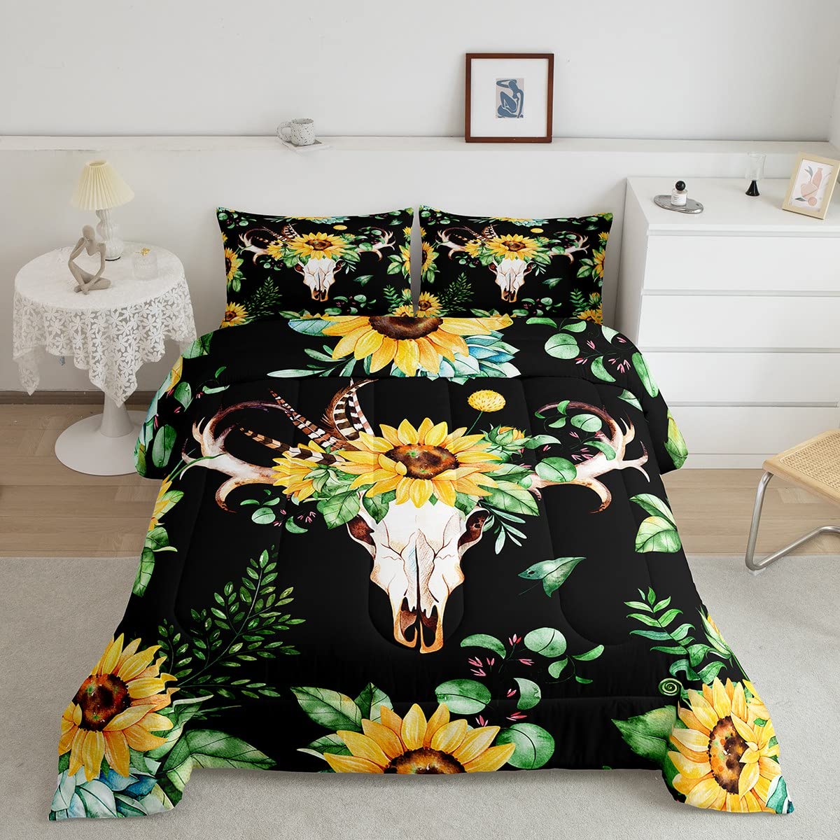 Feelyou Boho Tribal Comforter Set Bull Skull