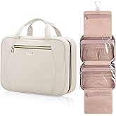 TBTOTRA Hanging Toiletry Bag for Women Travel, 2 Sizes Large & Small Waterproof Cosmetic Organizer with 4 Compartments, Rotating Hook, Foldable Pink Travel Bag for Toiletries & Makeup - Large Beige