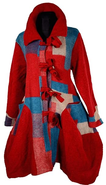 Damen Lagenlook Winter Übergang Wolle Mantel Swinger Trench Coat Patchwork 40 42 44 46 48 50 M L XL XXL 2XL Rot Jacke
