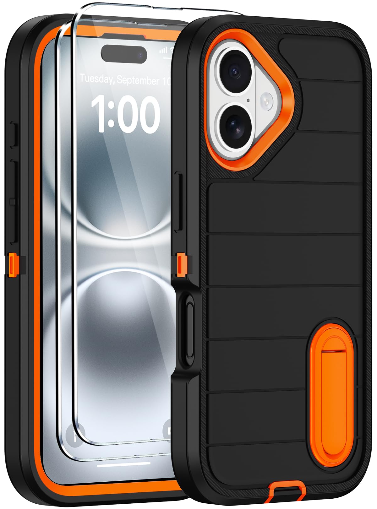 for iPhone 16 Case with Screen Protector, Heavy Duty Shockproof Drop Protection Military Grade Tri-Layer Full Covered Rugged Durable Cell Phone Cover with Built-in Invisible Kickstand (Black Orange)