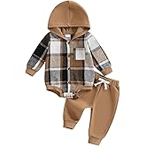 Douhoow Infant Baby Fall Clothes Boy Girl Plaid Hoodie Sweatshirt Romper Flannel Tops+ Sweatpants Festival Outfits