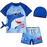 YAGATA Toddler Boy Swimsuit 3 Piece Boys Swim Set Short Sleeve Boys Swim Shirt Boys Swim Trunks Rash Guard Bathing Suits