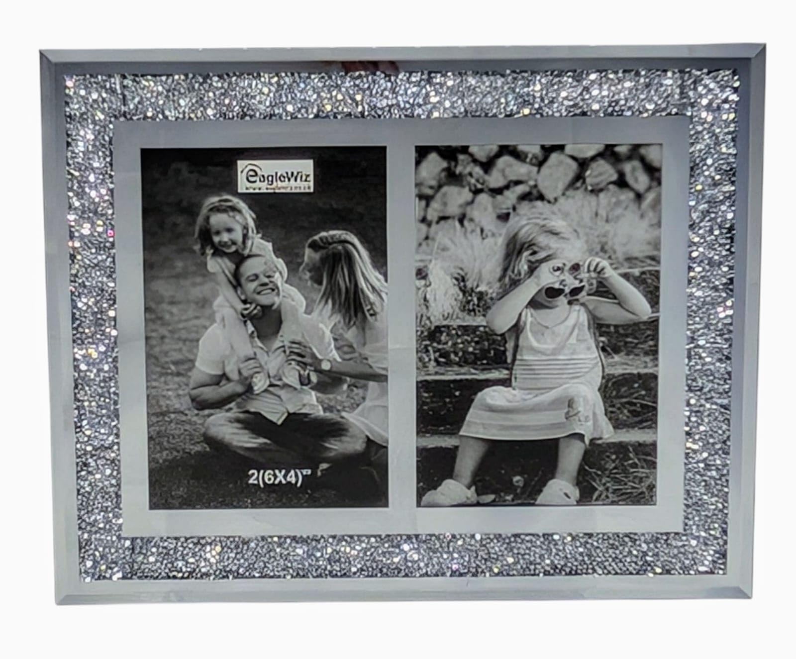 EagleWiz Double Glass Photo Frame with Crushed Crystal Rhinestone Silver