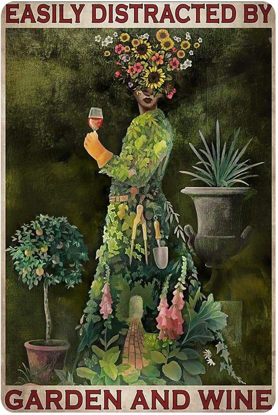 Retro Tin Sign, Easily Distracted By Garden And Wine-Retro Poster Of Female Gardener Garden Tin Sign, Coffee, House Wall Decoration 8x12 Inch