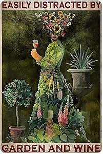 Retro Tin Sign, Easily Distracted By Garden And Wine-Retro Poster Of Female Gardener Garden Tin Sign, Coffee, House Wall Decoration 8x12 Inch
