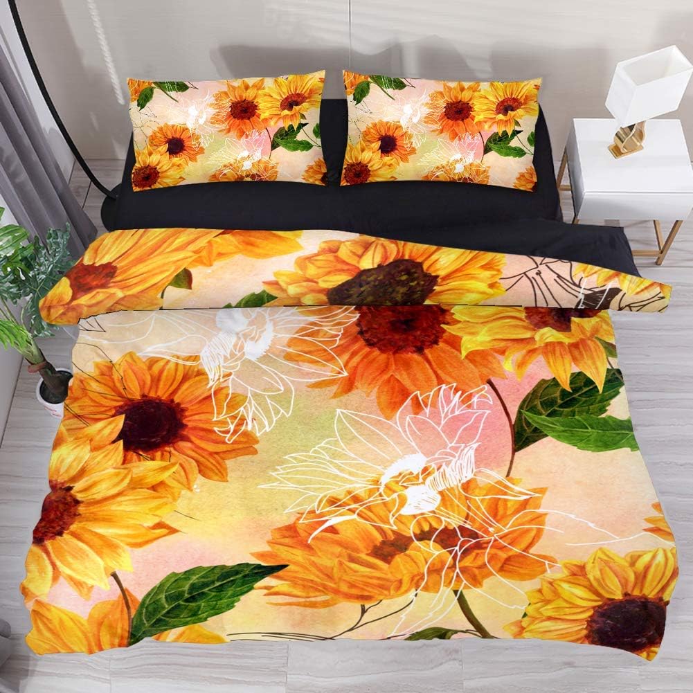 NEWzone Yellow Sunflowers Vintage Bedding Set Full 3 Pieces