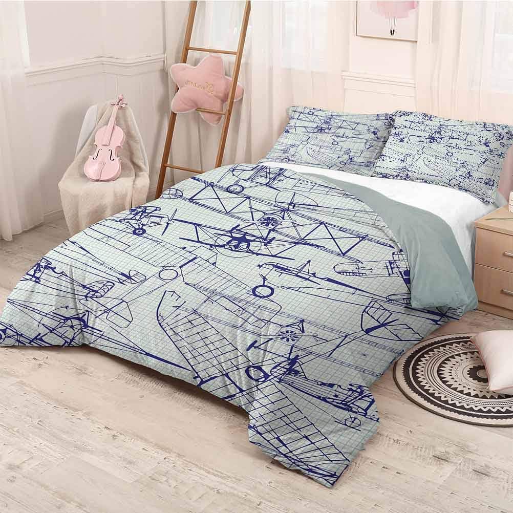 prunushome Airplane Quilt Cover Pillowcase Old Airplane Drawings Classic Dated Flight Vintage Style Nostalgic Jets Softest, Coziest Bed Sheets Ever Violet Blue Turquoise Twin