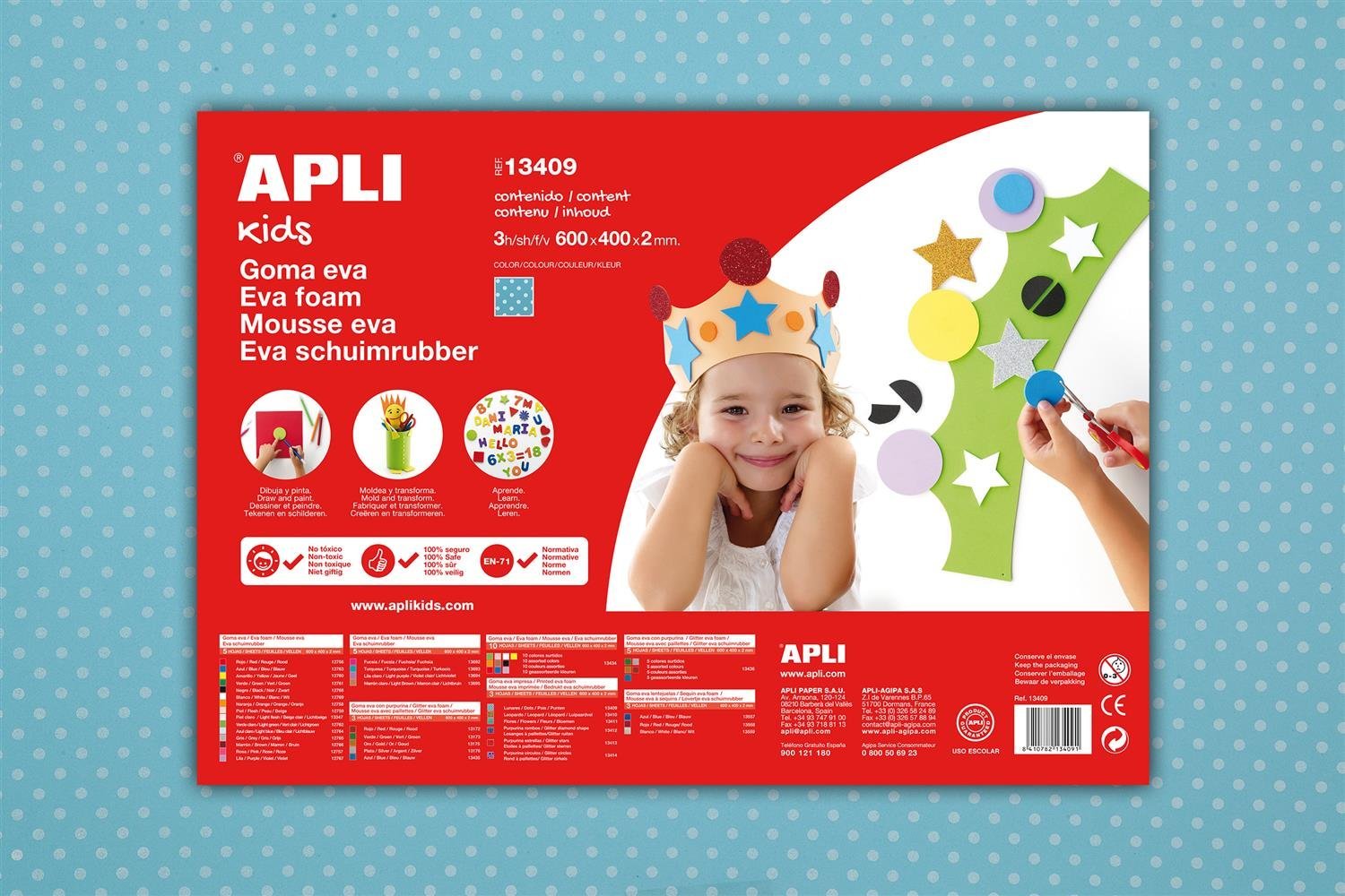 APLI Kids 13409 Pack of 3 Flexible Rubber Foam Sheets "EVA" Print: Small White Dots on Blue Background - 600 x 400 x 2 mm