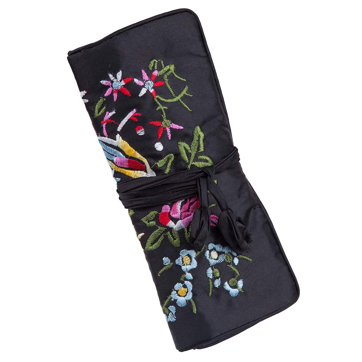 Mookaitedcor Garden Design Embroidery Jewellery Roll for Travel, Jewellery Organiser, Travel Jewellery Bag for Rings, Earrings, Necklaces, Bracelets, Black
