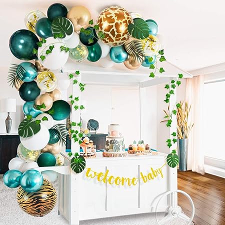 Sweet Baby Co Jungle Theme Safari Baby Shower Decorations With Green Balloon Garland Backdrop Tropical Leaves Decoration Ivy Garland Welcome Banner Neutral Birthday Party Supplies For Boy Or Girl Balloons Amazon