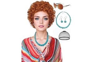 Wallden Hair Red Orange Wig + Sunglasses + Jewelry Set for Women Costume Short Curly Reddish Wigs for Landlady Cosplay Halloween Party or Fun (5pcs)