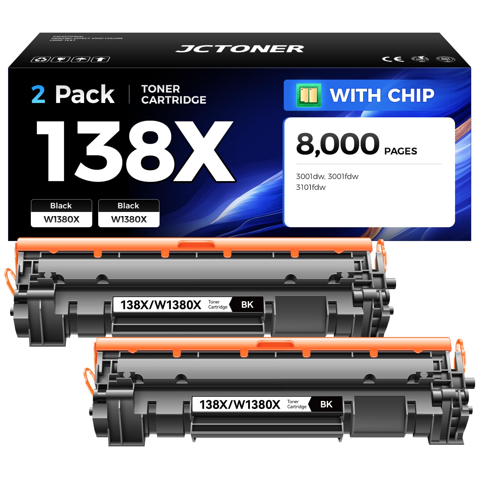 138X Toner Cartridge Black 2-Pack with chip Replacement for HP 138A W1380A 138X W1380X Compatible with HP LaserJet Pro 3001dw 3001fdw MFP 3101fdw Printer Ink 3001dwe 3001fdwe 3101fdwe All-in-One Image