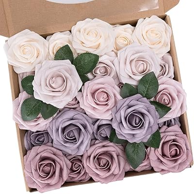 N&T NIETING Artificial Flower Roses 25Pcs Real Touch Foam Roses with Stems