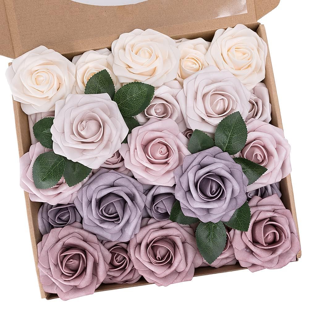N&T NIETING Artificial Flower Roses, 25Pcs Real Touch Fake Foam Roses with Stems for DIY Wedding Bridal Bouquets, Table Centerpieces, Baby Shower Party and Home Decoration, Mixed Colours