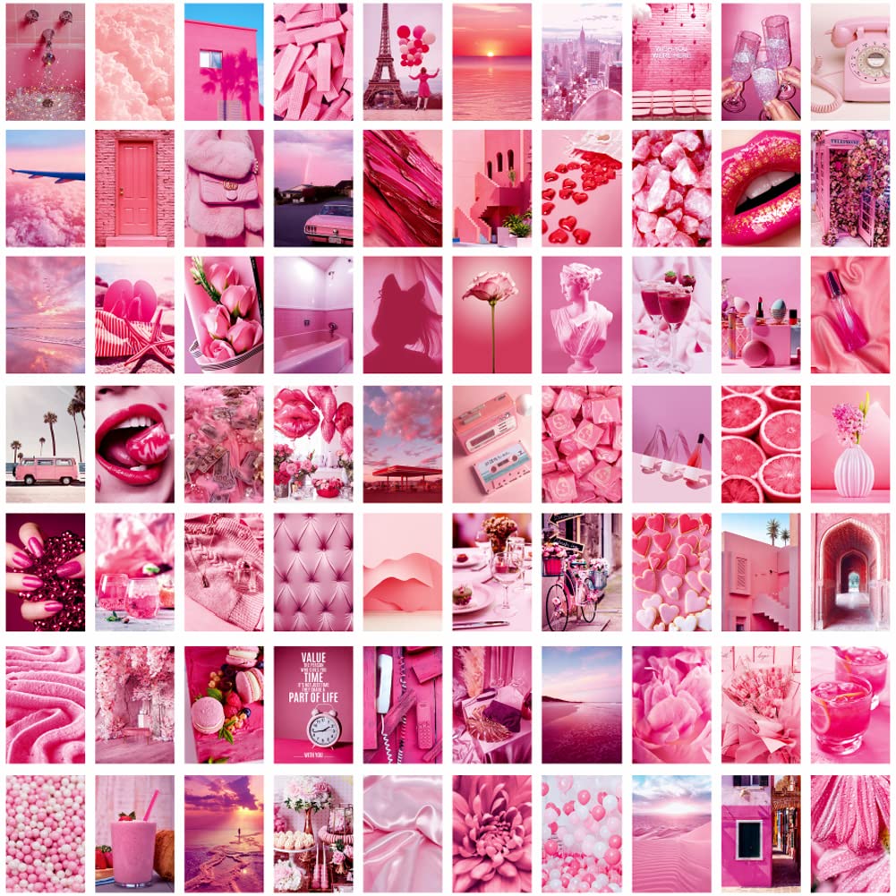 Upriver 70Pcs Wall Collage Kit Aesthetic Posters Wall Art Prints 4x6 inch Double-Sided Printing Aesthetic Pictures Pink Girl & Summer Beach Trendy Small Poster Dorm Bedroom Room Decor for Boys Girls