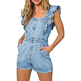 Kedera Women Ruffle Sleeveless Denim Rompers Short Zip Up Denim One Piece Jumpsuit with Pocket