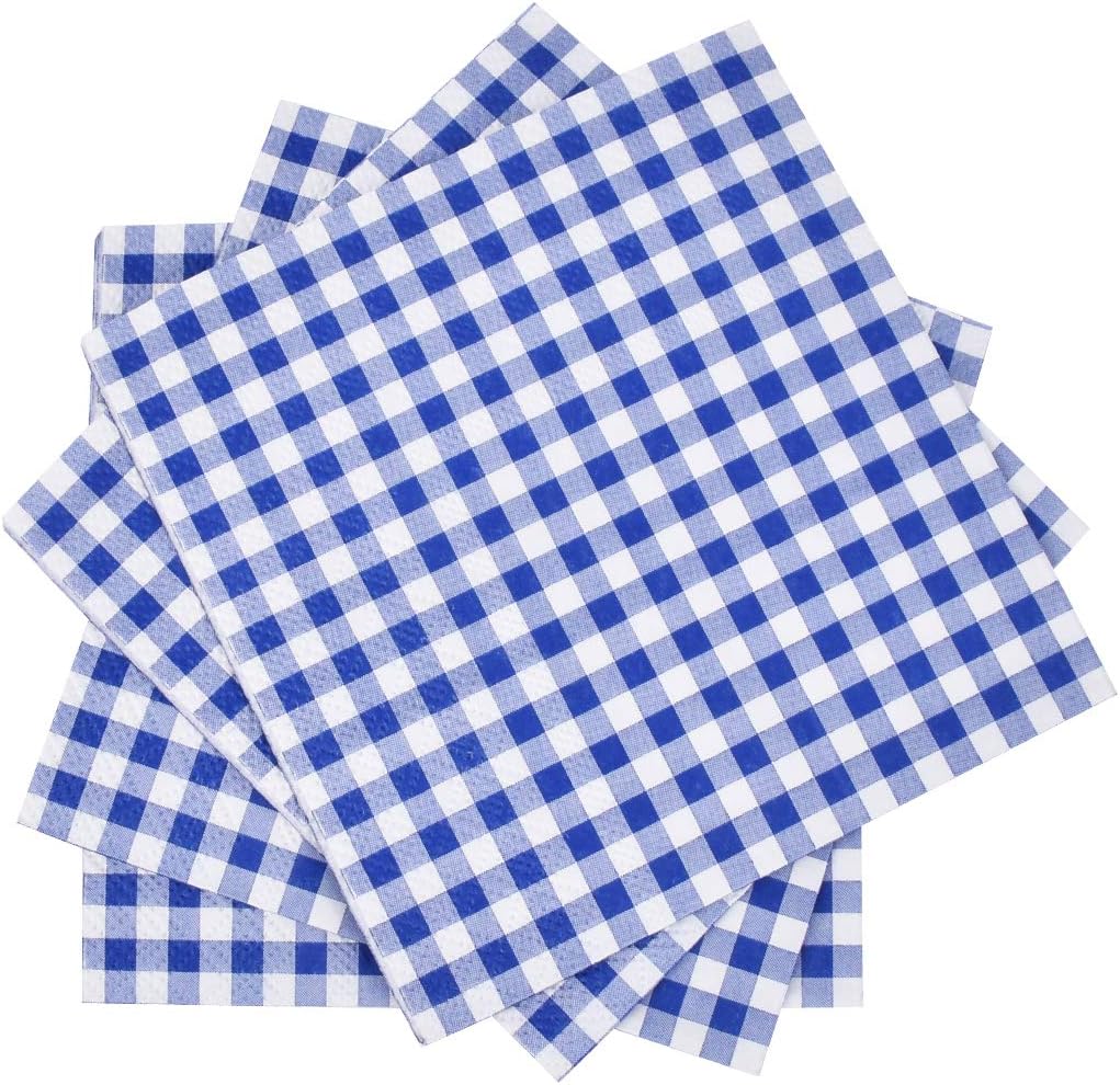 Gatherfun Cocktail Napkins 3-ply 80PCS Blue and White Gingham disposable Paper Napkins Beverage napkins for Restaurant Bar Picnic Birthday Party