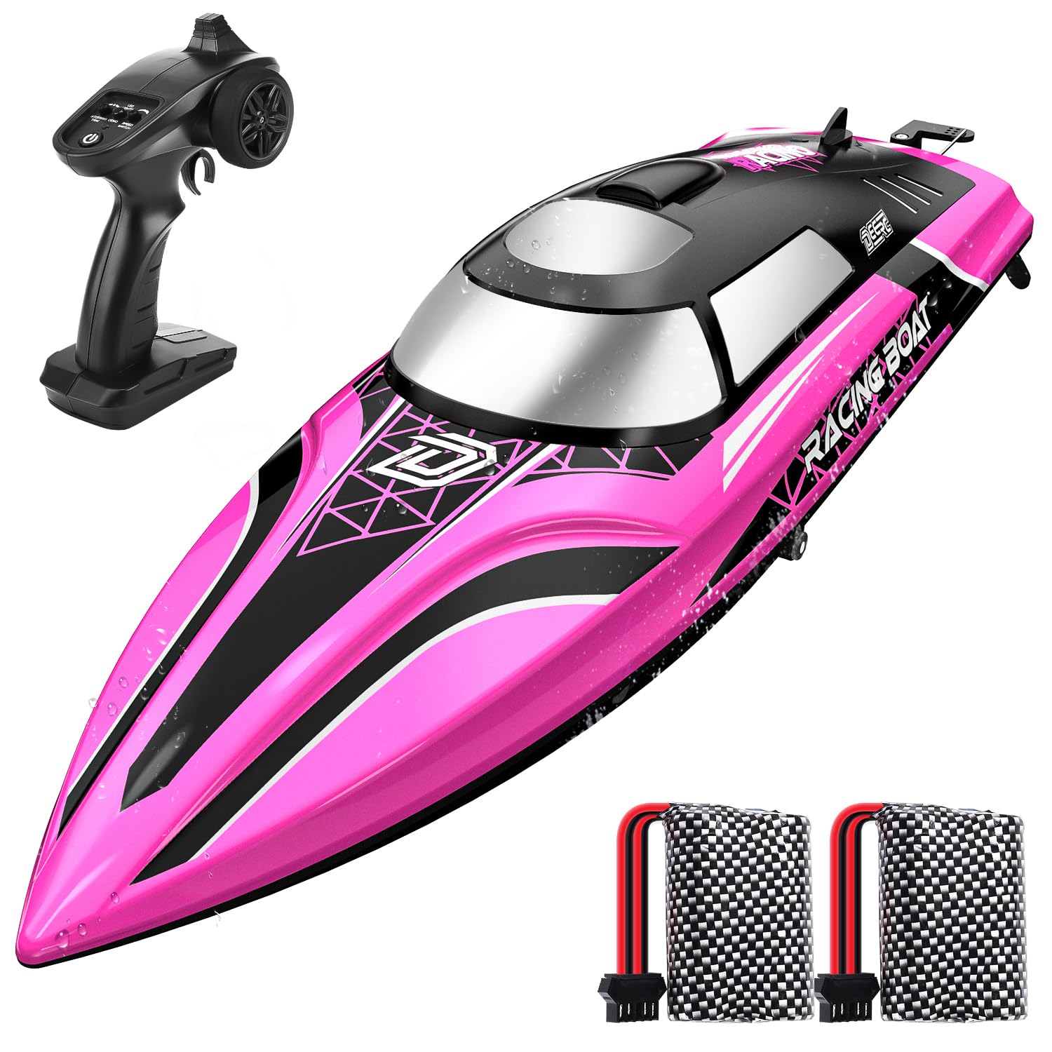 DEERC Barco RC rápido con luz LED, más de 30 minutos, más de 20 MPH, barco de control remoto autoadrizado para piscinas y lagos, lanchas rápidas de carreras de 2,4 GHz, juguete acuático de verano, regalo para niños, niños y niñas (rosa)