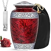 Hand-Engraved Red Urn for Ashes for Women & Men with Necklace for Ash & Velvet Bag | Red Marble Finish Metal Cremation Urns for Human Ashes Adult Man | Elegant Burial & Funeral Urn - Large, 220 lbs