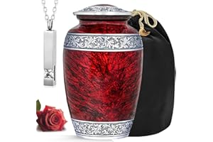 LIFAG Hand-Engraved Red Urn for Ashes for Women & Men with Necklace for Ash & Velvet Bag | Red Marble Finish Metal Cremation Urns for Human Ashes Adult Man | Elegant Burial & Funeral Urn - Large, 220 lbs