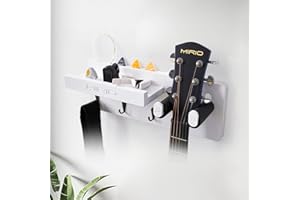MIRIO White Guitar | Ukulele Wall Mount with Shelf, Sold Wood Guitar Hanger | Holder with Pick Holder and Key Hooks for Wall Mount