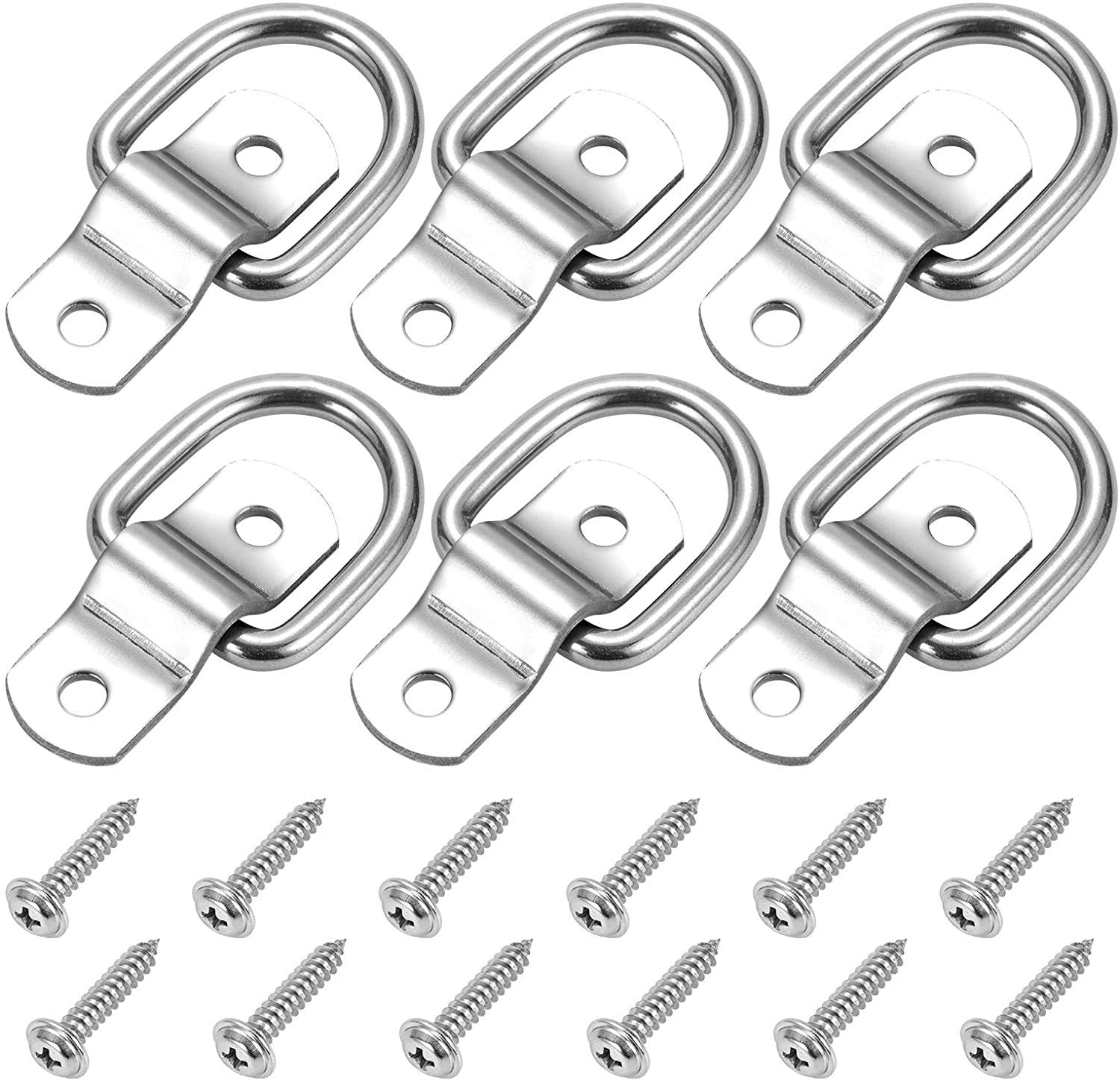 CZC AUTO 6 Pack D Ring Tie Down Anchors 1/4" Heavy Duty Stainless Steel Trailer Tie Down Hooks for Truck, Trailer, Camper, Warehouse, Boat, Cargo Control & Surface Mount, with Screws