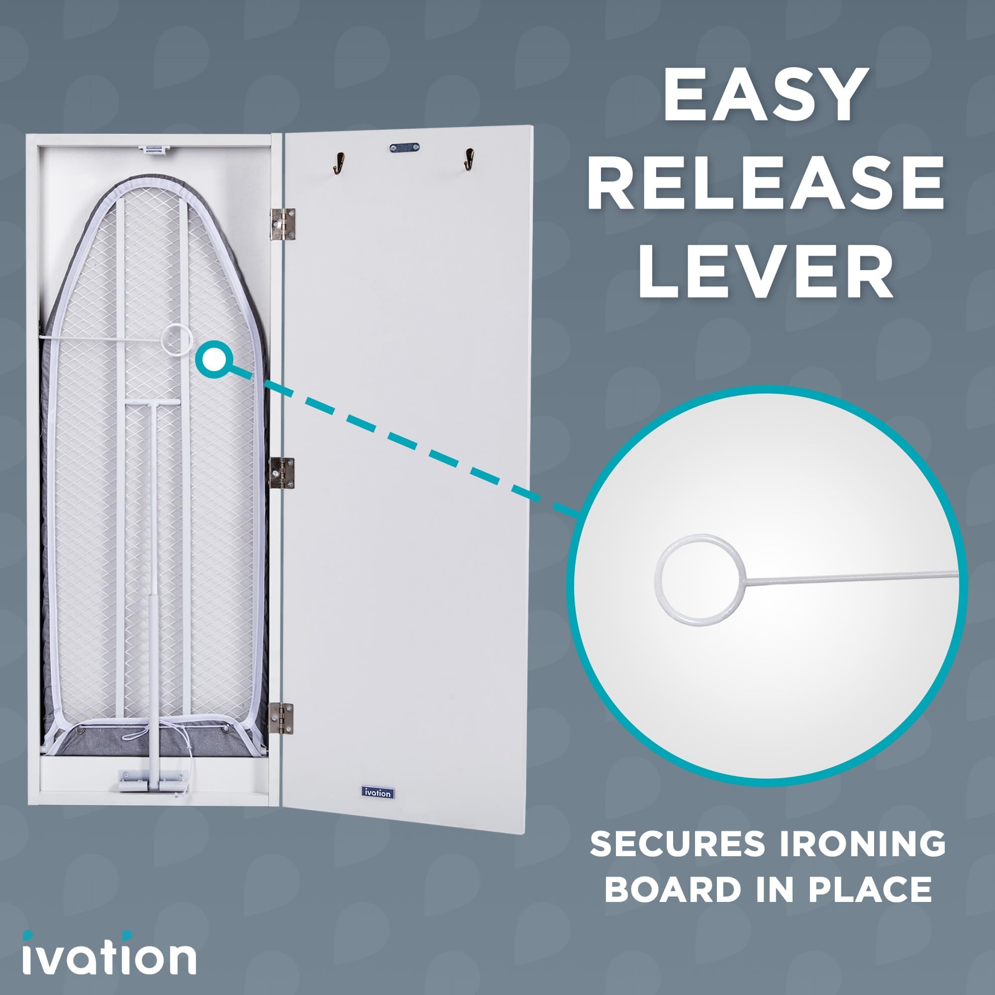 Ivation Wall-Mounted Ironing Board Cabinet with Mirror, Foldable Ironing Storage Station for Home, Apartment, Easy-Release Lever, Garment Hooks, White