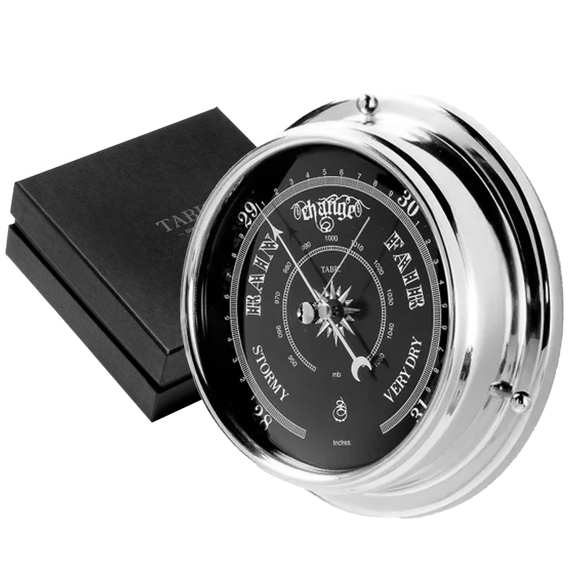 Tabic Prestige Traditional Barometer in Chrome with a Jet Black mirrored aluminium Dial, Heavy Brass Case (1/2kg) Electroplated with Chromium, Handmade In England