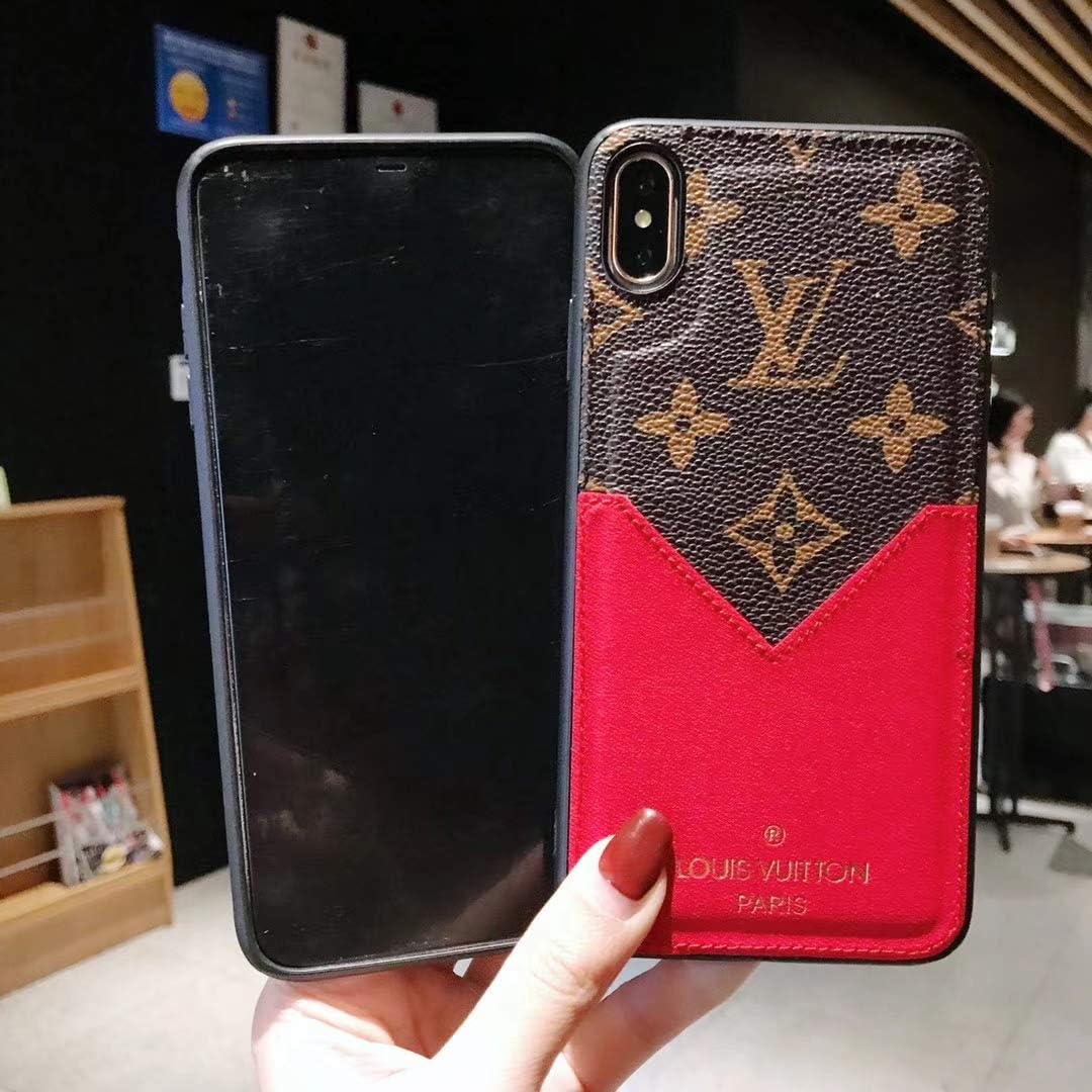 Phone Case for iPhone 7 Plus 8 Plus, Classic Monogram Vintage Style Elegant Luxury Fashion Designer with Card Holder Slot Case Cover Phone Case for iPhone 7 Plus 8 Plus- Red