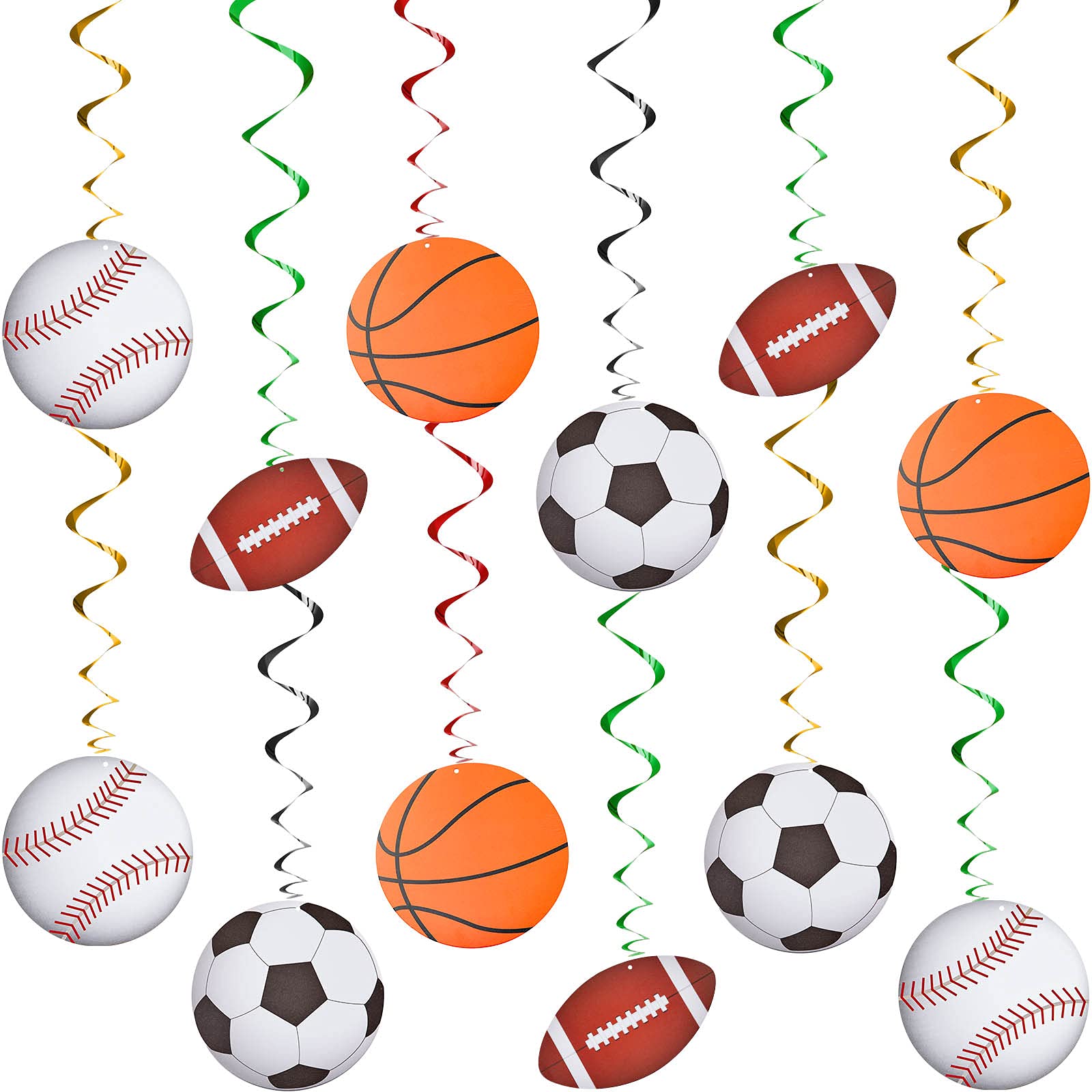 Photo 1 of 48 Pieces Sports Hanging Swirl Decorations Baseball Basketball Football Soccer Hanging Whirls Ceiling Streamers Colorful Swirls Streamers for Birthday Sport Party Supplies