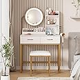 Makeup Vanity with Round Mirror and Lights, White Vanity Makeup Table with Charging Station, Small Vanity Table for Bedroom, 3 Lighting Modes, 31.5in(L)