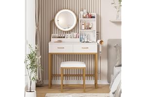 Vabches Makeup Vanity with Round Mirror and Lights, White Vanity Makeup Table with Charging Station, Small Vanity Table for Bedroom, 3 Lighting Modes, 31.5in(L)