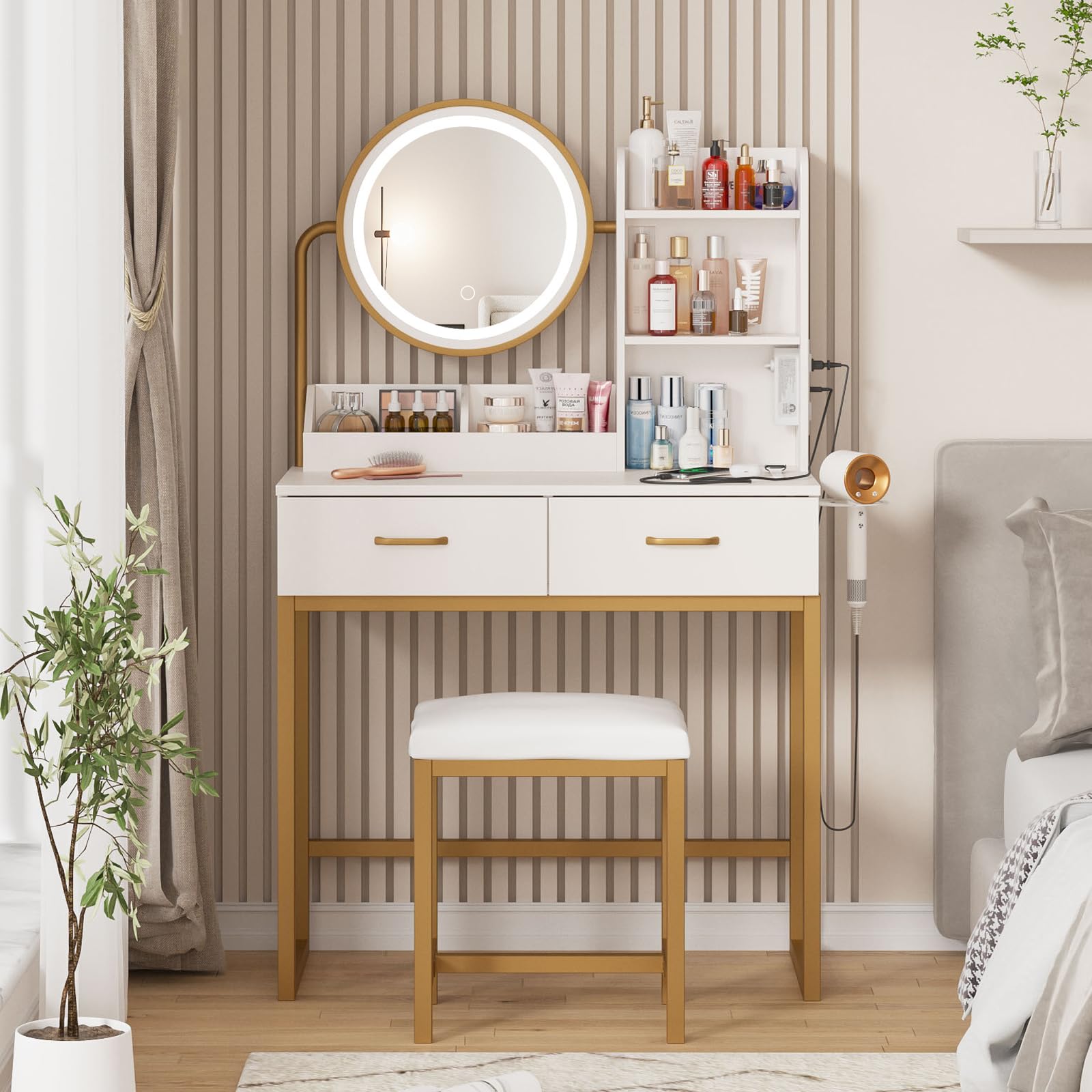 Photo 1 of Makeup Vanity with Round Mirror and Lights, White Vanity Makeup Table with Charging Station, Small Vanity Table for Bedroom, 3 Lighting Modes, 31.5in(L)