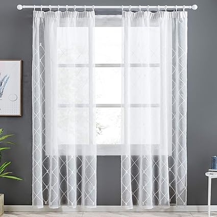 Topfinel Voile Gardinen mit Kräuselband Kariert Vorhang Schlaufenschal mit Stickerei für Wohnzimmer Schlafzimmer 2 Stücke 140