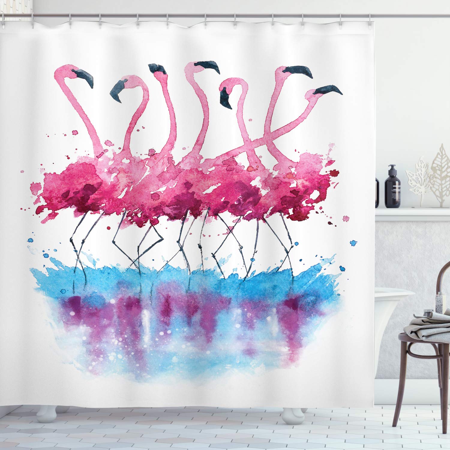 ABAKUHAUS Animal Shower Curtain, Flamingos Love Birds Feather Romance Brushstroke Splash Watercolor Effect, Cloth Fabric Bathroom Decor Set with Hooks, 94 Inches, Pink Blue Purple
