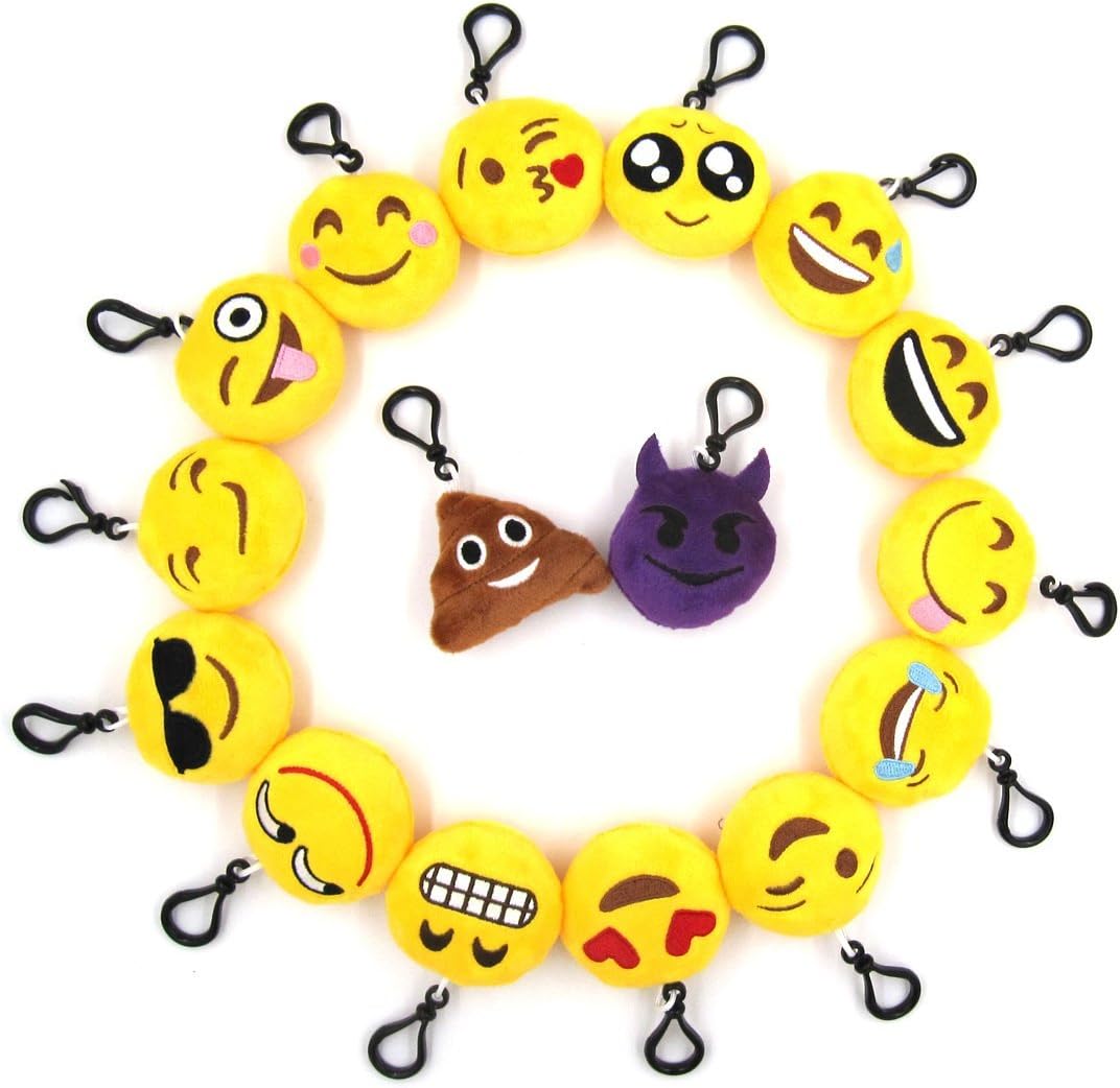 Krois Emoji Mini Plush Pillows Keychain Decorations, Kids Party Supplies Favors, Set of 16
