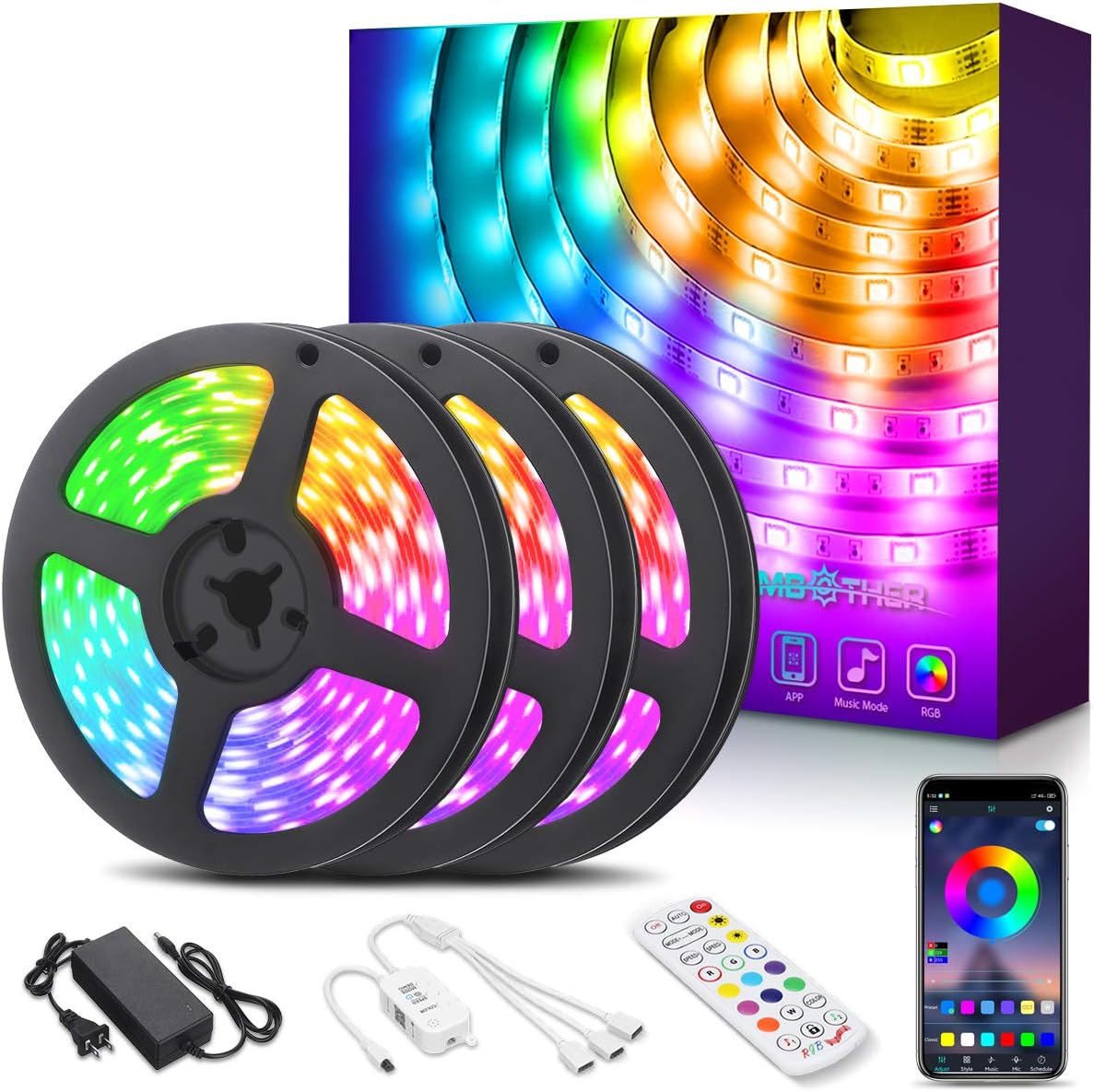 AMBOTHER LED Strip Lights 39.4ft RGB LED Light Strips App IR Remote Controller Color Changing Music Sync Dimmable 5050 Flexible Wireless Tape Rope Lights for Bedroom Room Home Kitchen